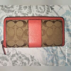 Coach Signature Canvas Tan and Pink Wallet